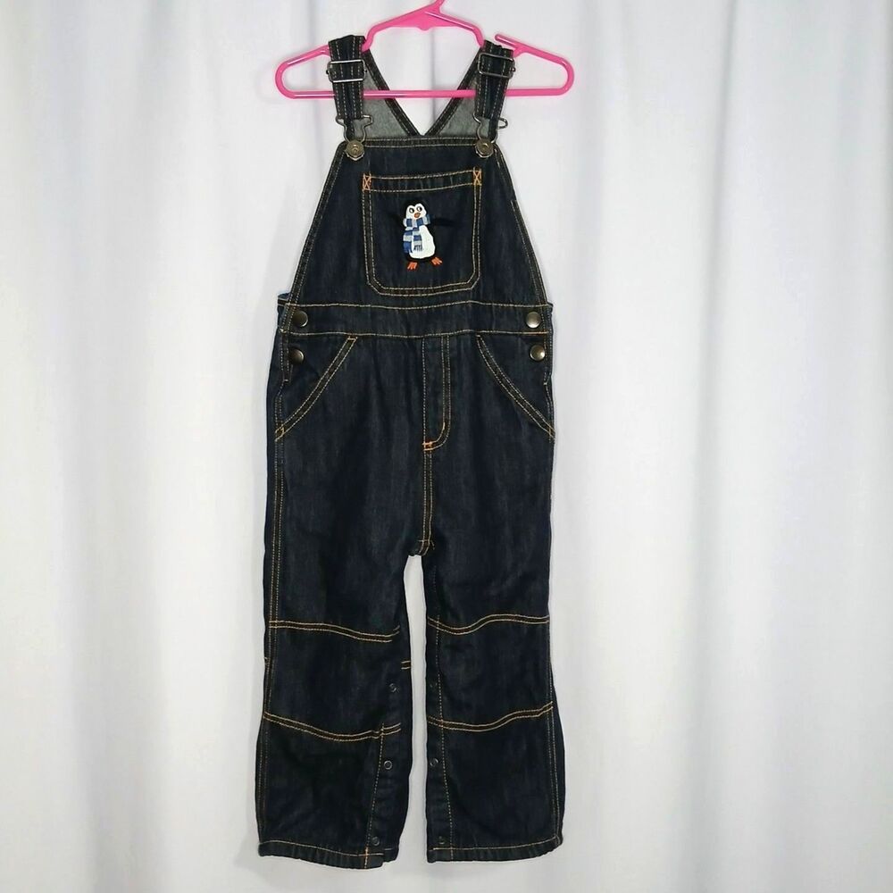 Vtg Gymboree Fleece Lined Penguin Bibs Overalls Denim Jeans Adjstble Toddler 3T